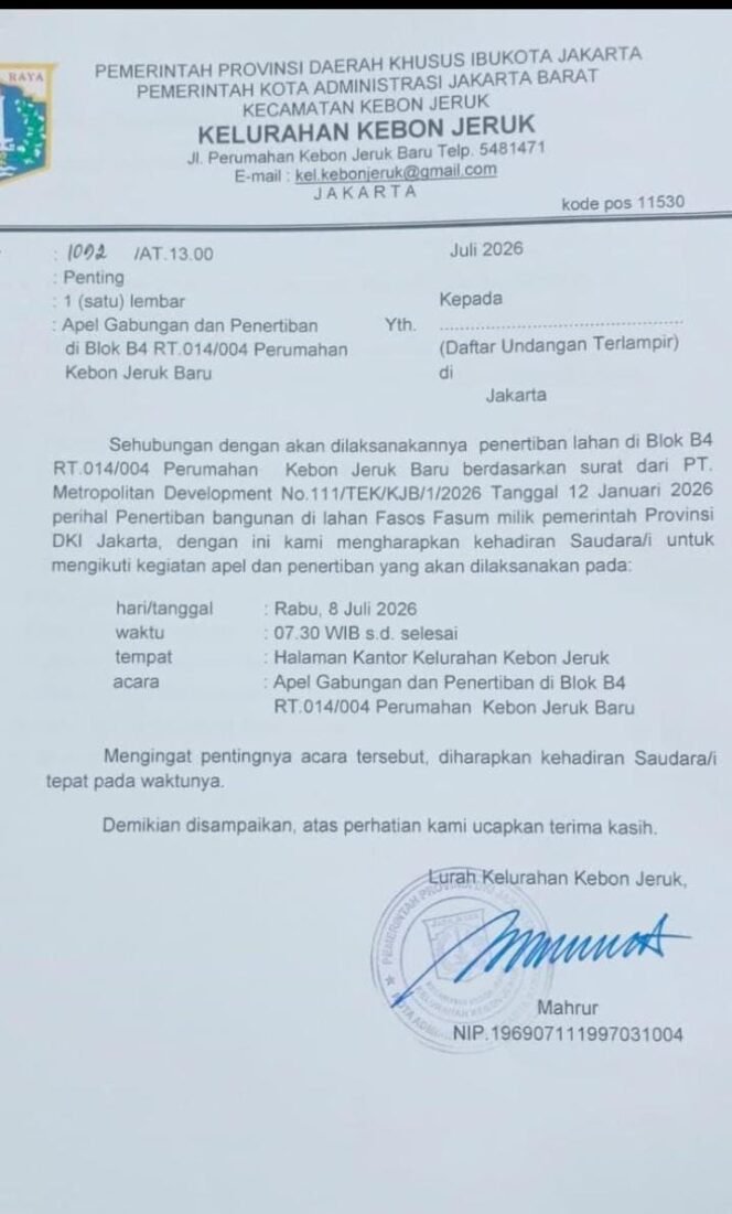 
					Penertiban Lahan Fasos-Fasum Kebon Jeruk Dimulai dengan Apel Gabungan
