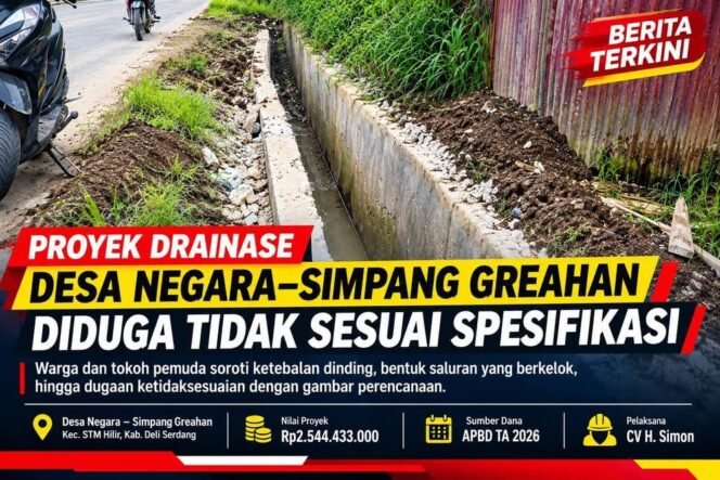 
					Proyek Drainase Desa Negara–Simpang Greahan Disorot, Kualitas Pekerjaan Dipertanyakan